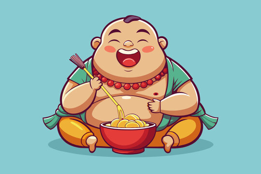Fat cute laughing thali buddha eating noodles