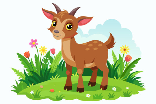 Image of ananny-goat in a meadow in a childlike style on a white background