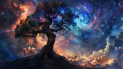 Cosmic dreamscape with majestic tree