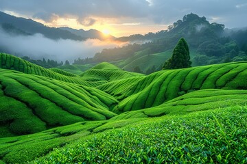 Captivating green tea estates in misty mountain terrain