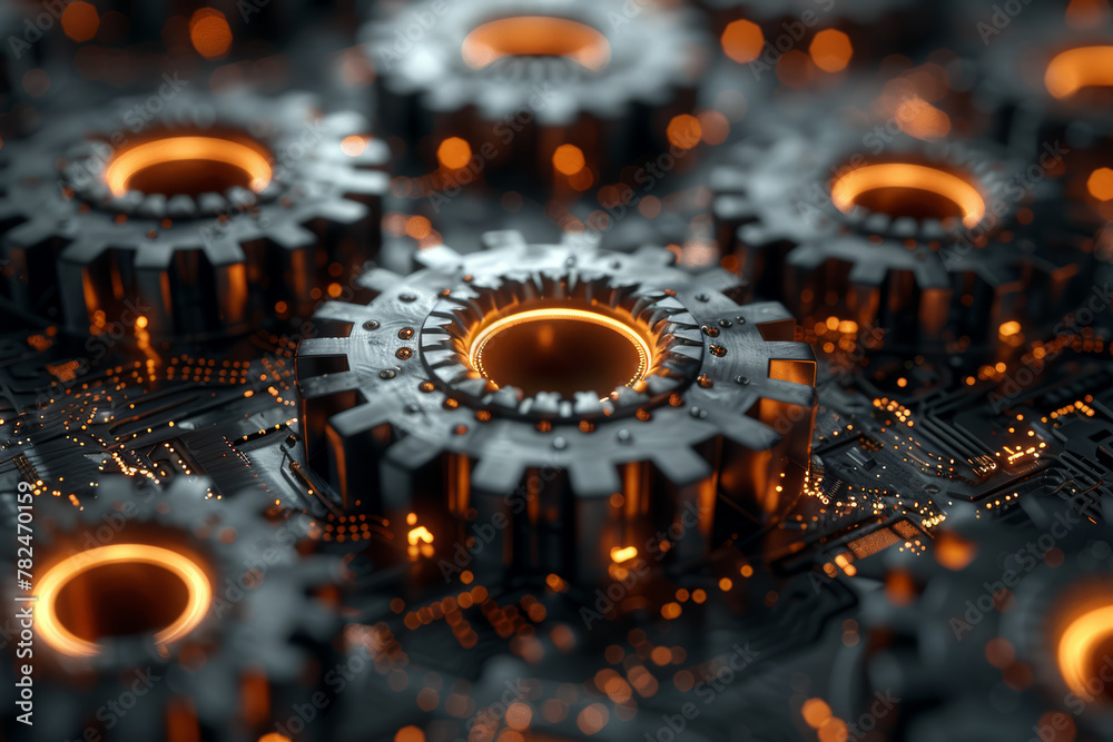 Poster an abstract depiction of interconnected gears, suggesting the complexity of systems and processes. c