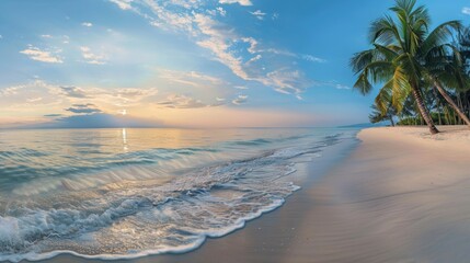 Serene tropical beach panorama at sunset