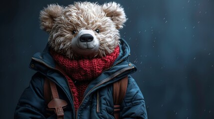Teddy bear in jacket and scarf in rain