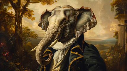 A renaissance painting of an elephant in a tuxedo - obrazy, fototapety, plakaty