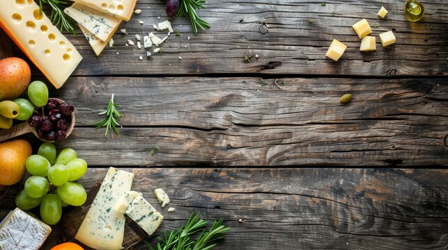 Variety of cheeses, fruits, and nuts on an old wooden table. Cheese tasting arrangement for design and print. Artisanal cheese collection with place for text