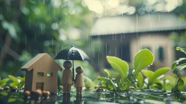 Paper family figures under an umbrella during rain. Protection and safety home concept with copy space for design and print. Weather and insurance metaphor photography