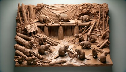 Detailed Wooden Carving of Forest Animals in Natural Habitat