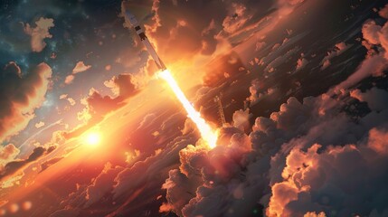 A realistic SpaceX rocket is seen lifting off into the sky amidst billowing clouds, symbolizing a powerful launch into space. The rocket is propelling upward with flames and smoke trailing behind - obrazy, fototapety, plakaty