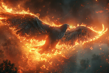 A visual metaphor of a phoenix rising from the ashes, symbolizing rebirth and renewal after adversity. Concept of resilience and transformation. Generative Ai. - obrazy, fototapety, plakaty