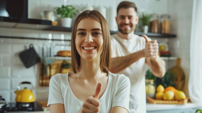 Cheerful woman giving thumbs up with a man behind her in a bright kitchen setting.
