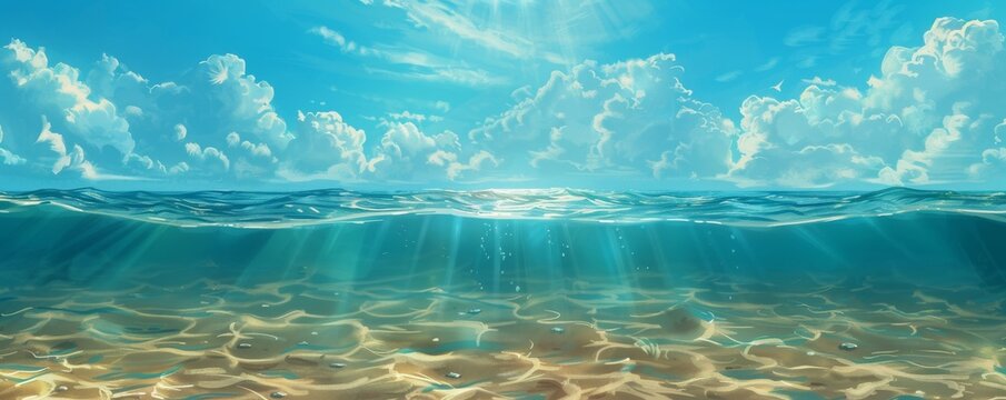 Serene ocean panorama with sunlight filtering through