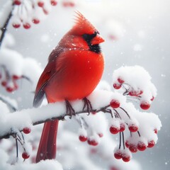 Snowy Red Cardinal Bird Perched on a Snow-Covered Branch