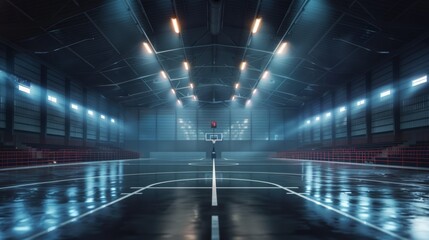 Modern indoor basketball court with dynamic lighting and glossy floor. - obrazy, fototapety, plakaty