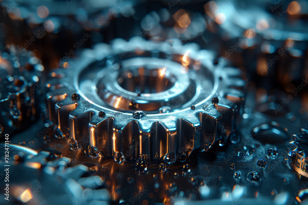 Poster an abstract depiction of gears turning in unison, symbolizing teamwork and synchronization. concept 