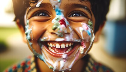 Joyful Child with Colorful Face Paint Celebrating Outdoors - obrazy, fototapety, plakaty