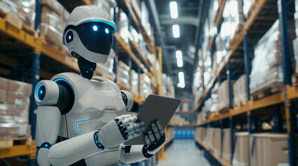 Robot engineer with the tablet during check stock in warehouse.
