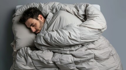 Man deeply sleeping curled up in bed with gray bedding. Healthy sleep habits and comfort concept