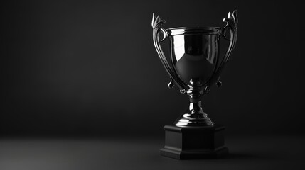 Elegant black trophy on a dark background with soft lighting. Minimalistic studio shot. Excellence and prestige concept for award ceremony and corporate recognition - obrazy, fototapety, plakaty