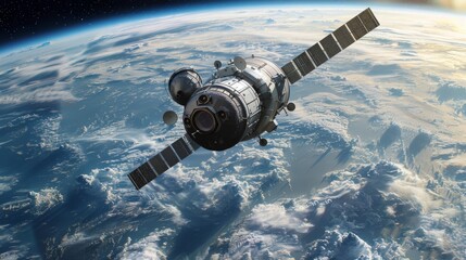 A detailed artists rendition of a space station floating in orbit around Earth, showcasing intricate design and advanced technology. The space station is depicted with solar panels, communication