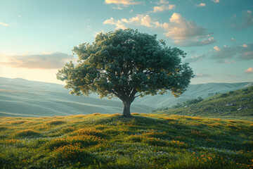 A lone tree standing tall in a vast meadow, illustrating the freedom to grow and flourish without...