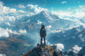 A person standing atop a mountain peak, gazing out at the expansive landscape below, feeling...