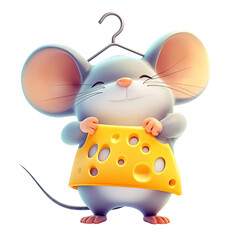 A cartoon mouse is holding a piece of cheese in its paws, looking hungry and cute Isolated on transparent