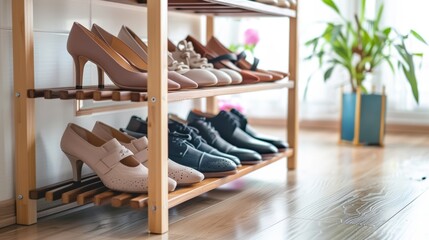 Assorted shoes neatly arranged on a wooden shoe rack. Home organization and interior design concept.