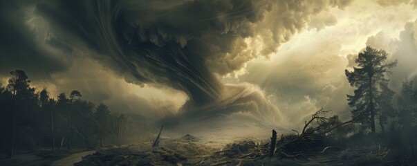 Majestic tornado in a forest at dusk - obrazy, fototapety, plakaty