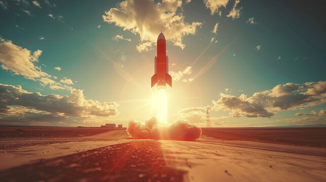 A red rocket is seen taking off into the sky with billows of smoke and fire behind it. The rocket is in the process of launching into space.