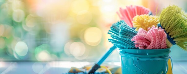 Cleaning equipment in bucket with bokeh background. Home cleaning and maintenance concept for banner, poster. - obrazy, fototapety, plakaty