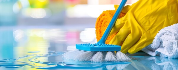 Blue scrub brush with yellow cleaning gloves and white microfiber towel on wet surface. House cleaning and maintenance concept.
