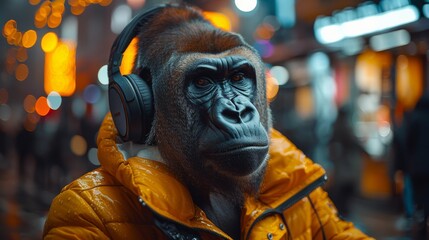 Urban gorilla enjoying music in city lights