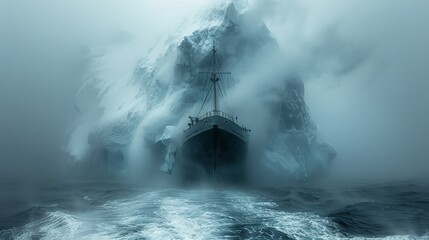 Ghost ship approaching iceberg in mist