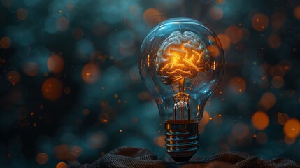 Glowing brain bulb on abstract bokeh background