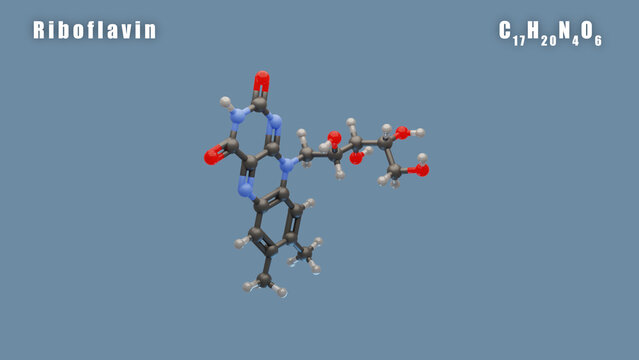 Riboflavin of C17H20N4O6 3D Conformer animated render. Food additive E101