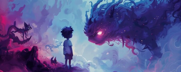 Boy encounters mystical creature in dreamlike fantasy world - obrazy, fototapety, plakaty
