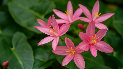 a cluster of vibrant pink flowers set against a backdrop of lush green leaves. Each flower boasts five delicate petals