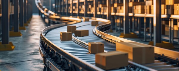 Modern warehouse conveyor belt with parcels