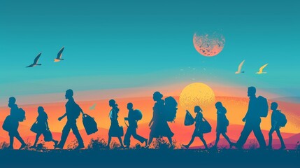 Silhouetted people walking against a vibrant sunset with birds and moon illustration