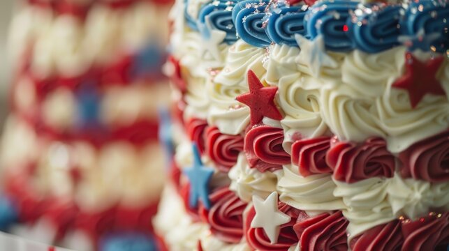 Close-up of patriotic themed cake with star decorations and swirling icing