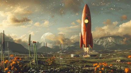 A red rocket is positioned atop a vibrant green field in a striking contrast of colors, ready for launch into space from the serene landscape.