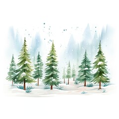 Pine Forest, Pine forest, deep greens, snow flecks, cartoon drawing, water color style.