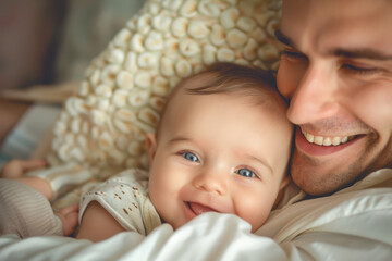 Smiling dad with a cute happy baby at home. Parenting fatherhood moment. Generative AI