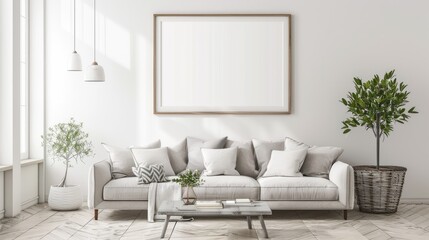 mock up poster frame in modern interior background, living room, Scandinavian style, 3D render