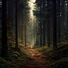 Fototapeta premium forest in the morning. Landscape of the pine forest in dark key. Hiking in woods. 