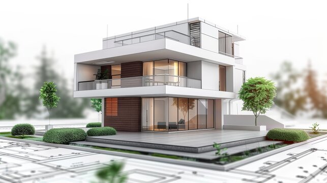 Modern house design with detailed landscaping on architectural blueprint