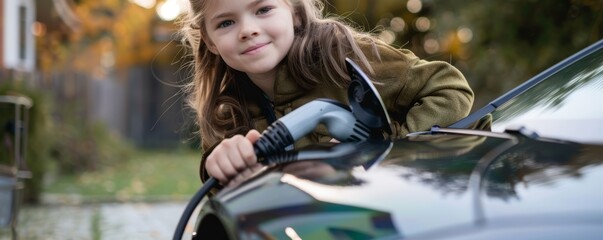 Young girl charging electric car with charging cable. Eco-friendly automotive and sustainable energy concept.