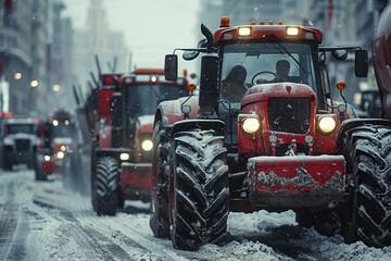 Row of vehicles with tire tread driving on snowy street - obrazy, fototapety, plakaty