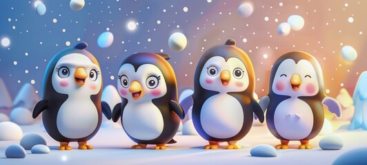 Fototapeta premium Cartoon penguin characters friends together for children friendship and play time happy joy as wide banner