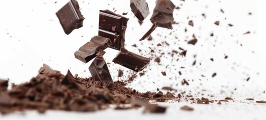 Fototapeta premium Pieces of broken chocolate with milk splashes falling down on white background